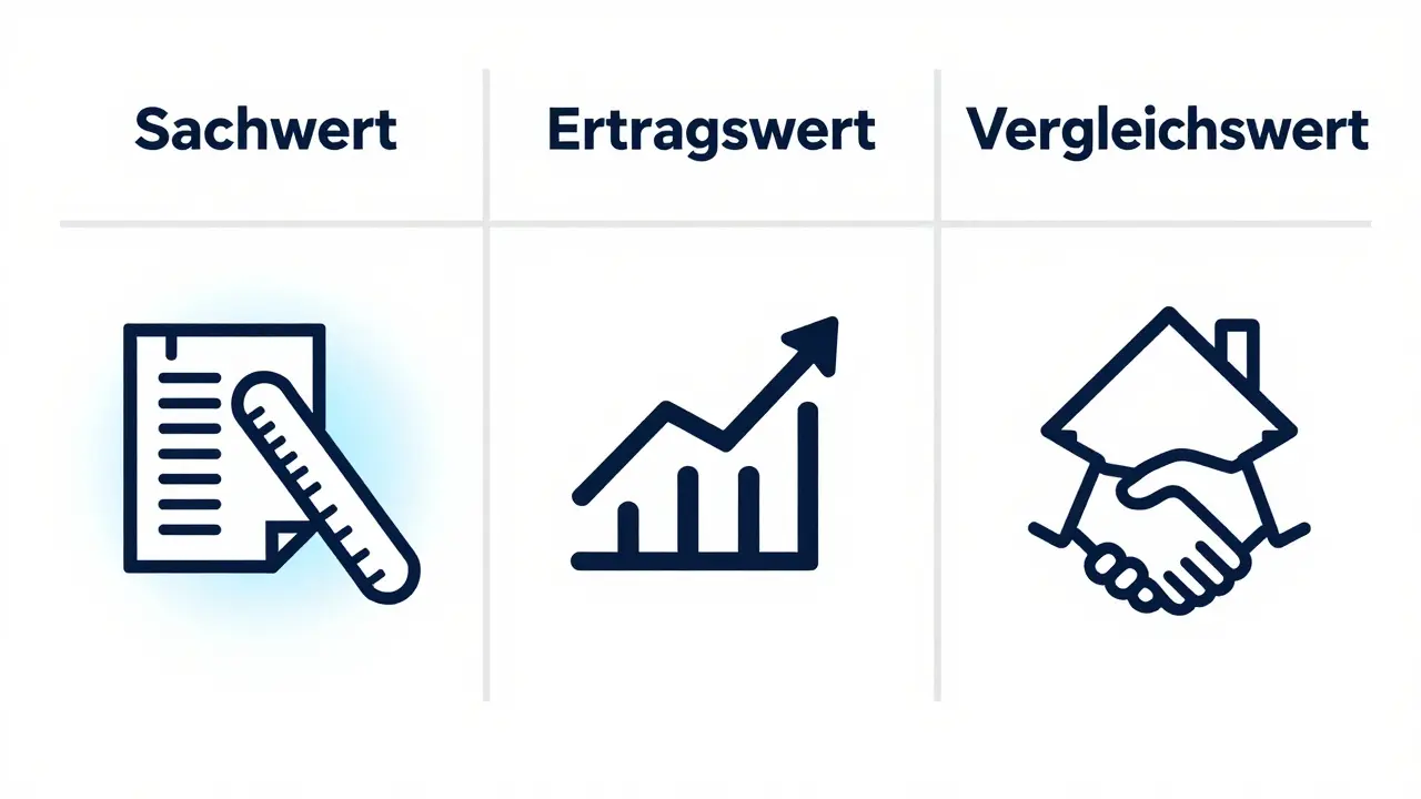 Drei Bewertungsmethoden für Immobilien als stilisierte Symbole