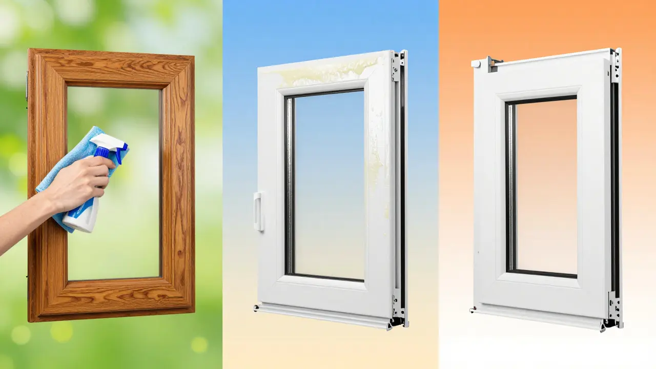 Drei verschiedene Fensterrahmen aus Holz, Aluminium und Kunststoff