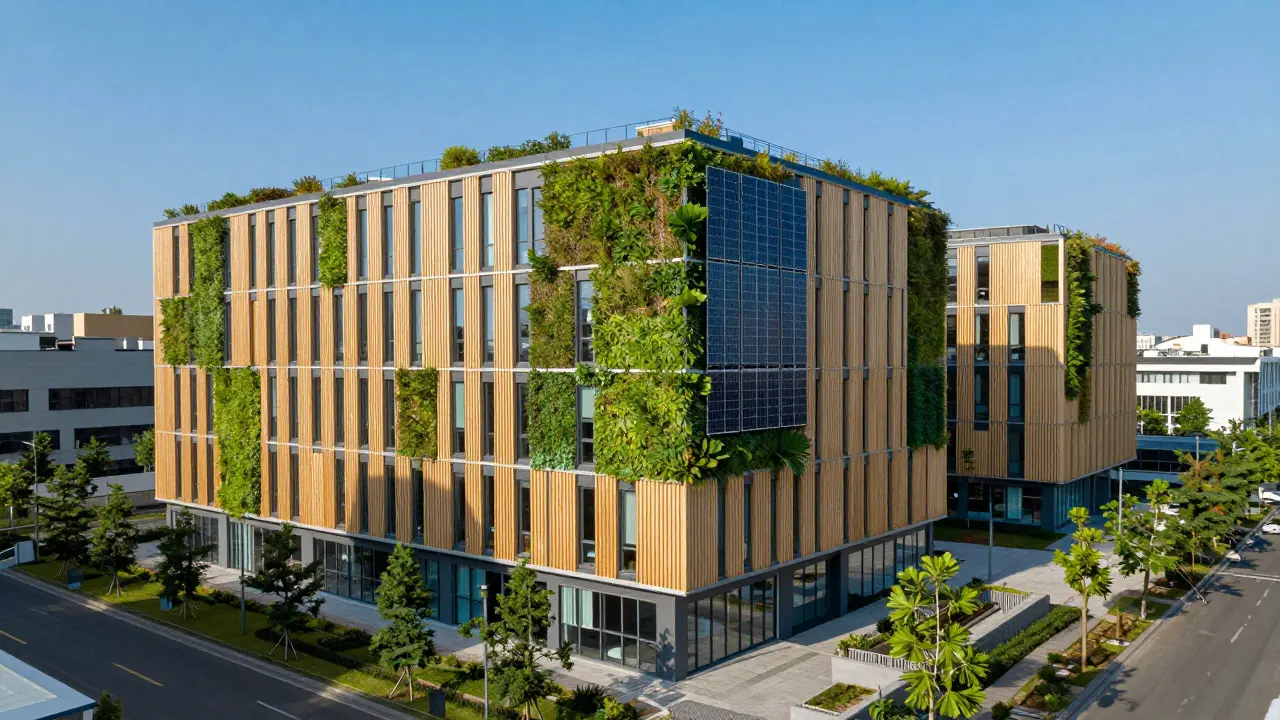 Energieeffizientes Gewerbegebäude mit Fassadenbegrünung und Solarelementen