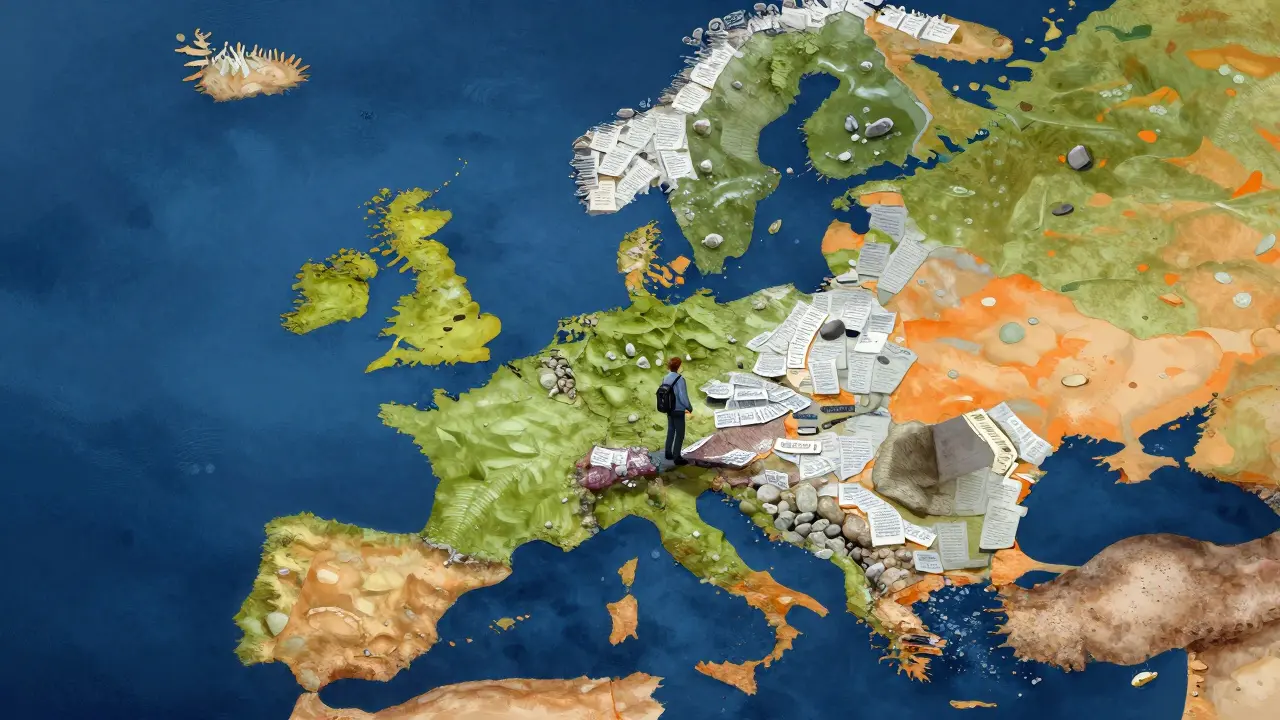 EU-Karte mit Bergen aus Papieren im Süden und flachem Gelände im Norden