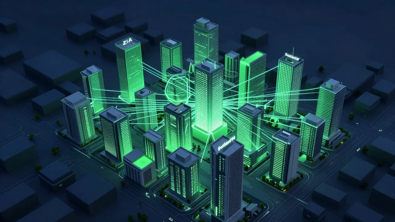Futuristische Stadtansicht mit leuchtenden Datenverbindungen zwischen Gebäuden