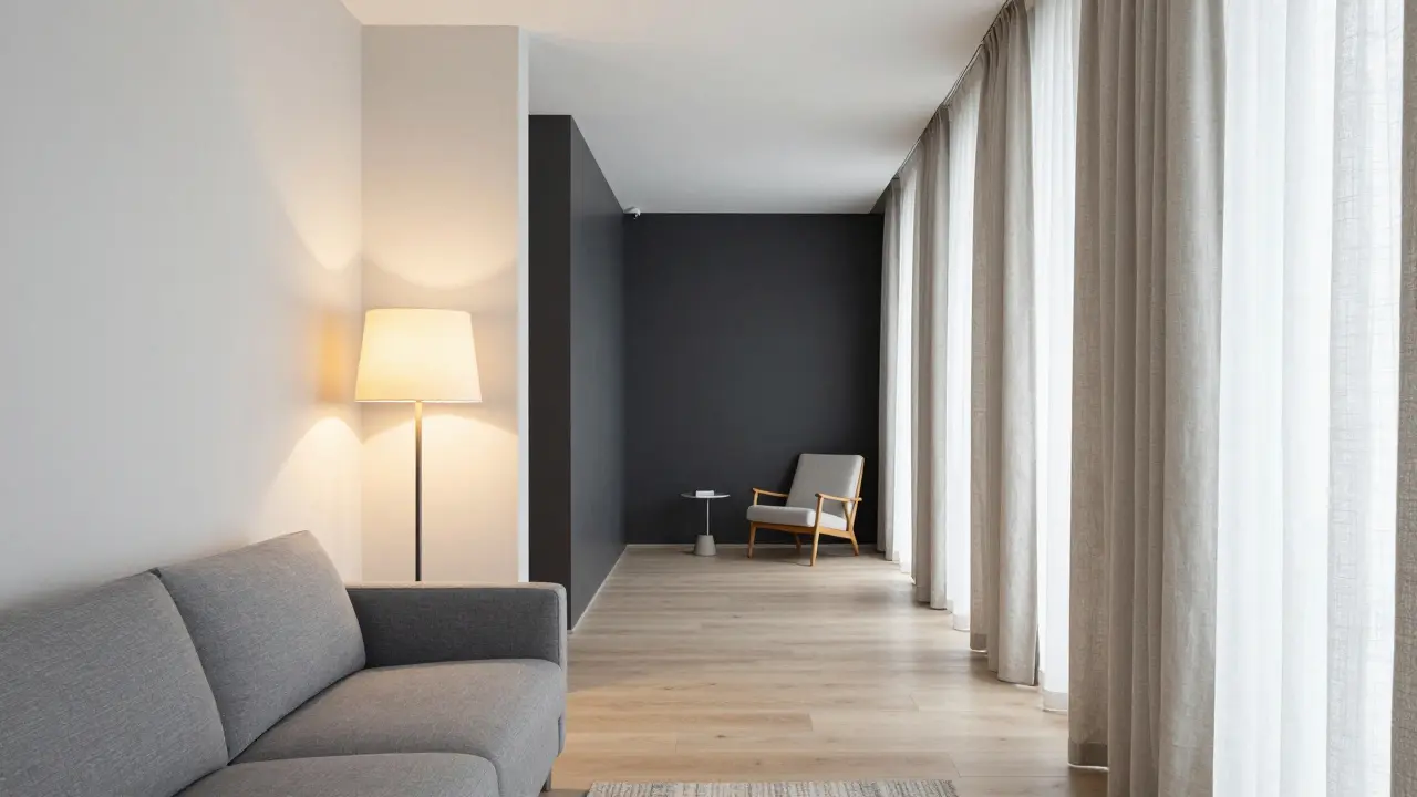 Gegliedertes langes Wohnzimmer mit Sitz- und Lesezone durch Farben getrennt