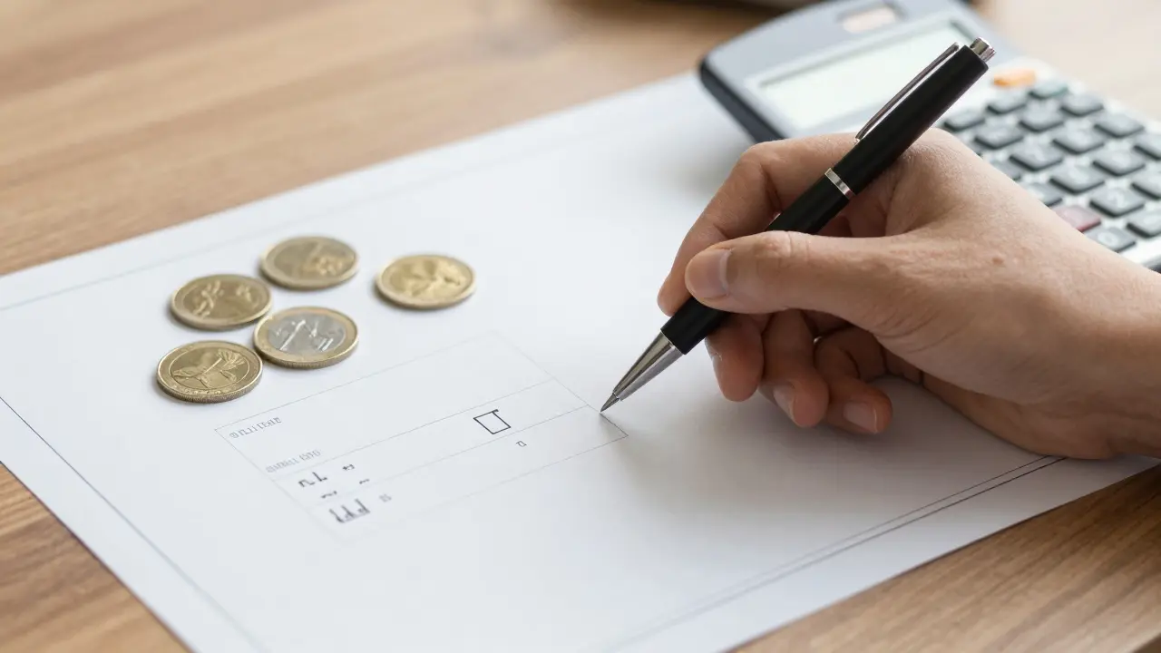 Hand mit Stift über Bauplan und Kalkulator zur Kostenplanung