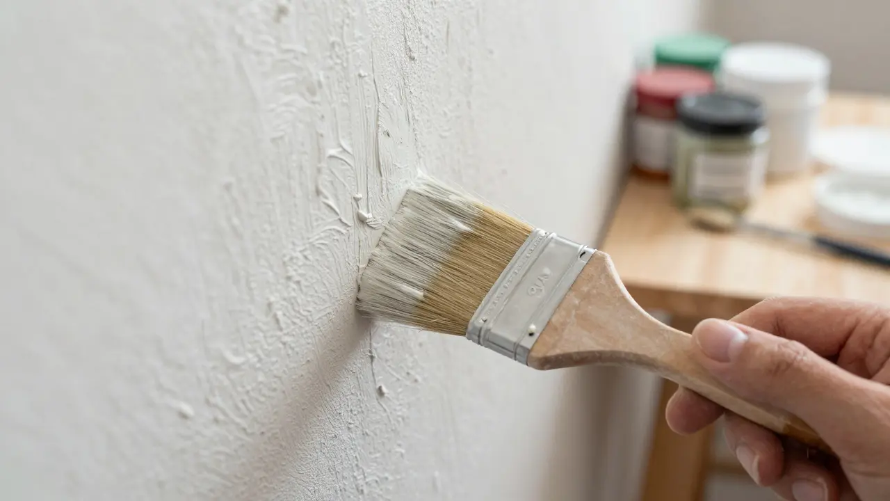 Hand streicht natürliche Kalkfarbe auf eine raue Wand