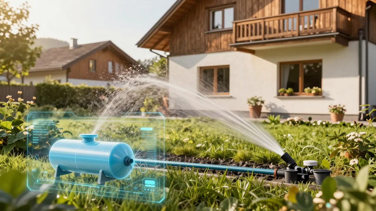 Haus mit Gartenbewässerung durch recyceltes Grauwasser im Sonnenlicht