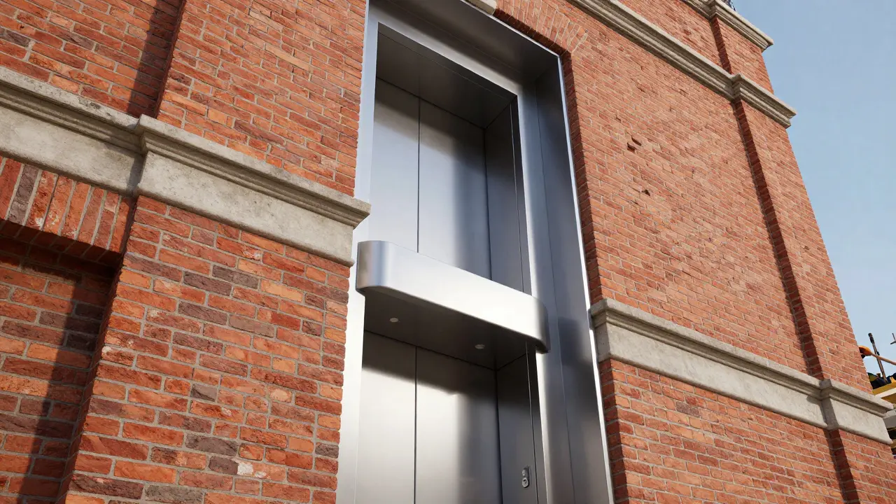 Installation eines modernen Aufzugs an einer historischen Fassade