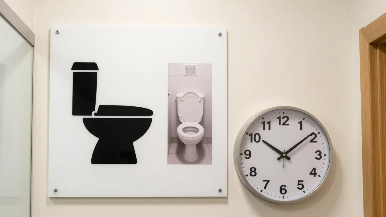 Klares Toiletten-Symbol und Foto an der Wand neben einer großen Analoguhr
