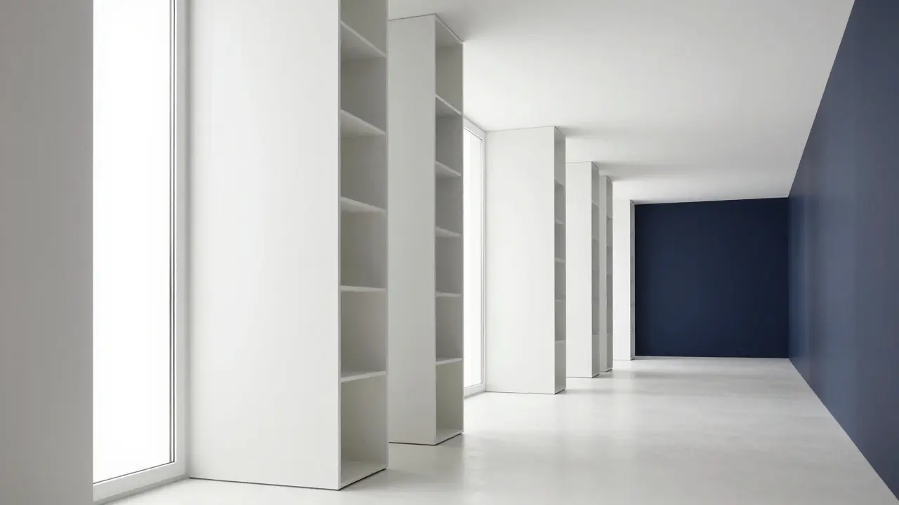 Minimalistisches langes Wohnzimmer mit hohen Regalen und Spiegel für mehr Tiefe