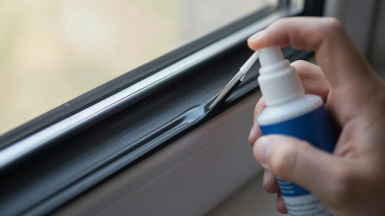 Nahaufnahme von Silikonspray auf Gummidichtungen eines Fensters