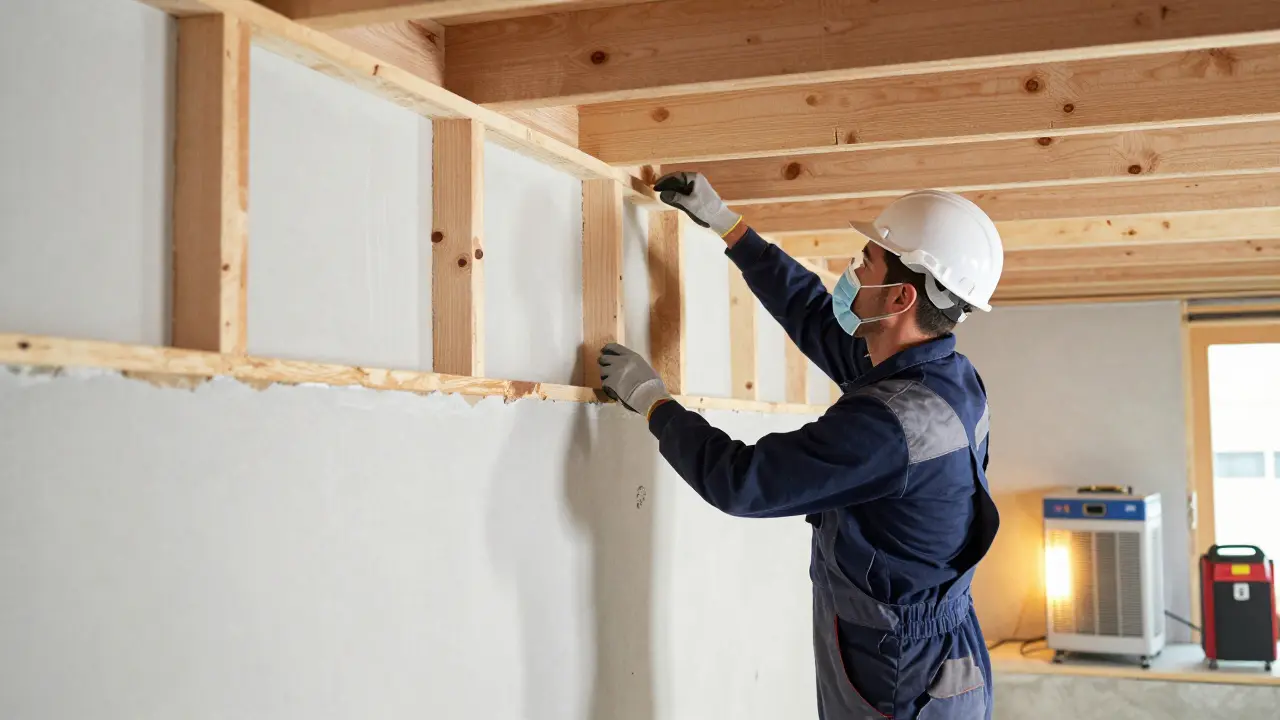Professionelle Sanierung mit Trocknungsgeräten und neuem imprägniertem Holz