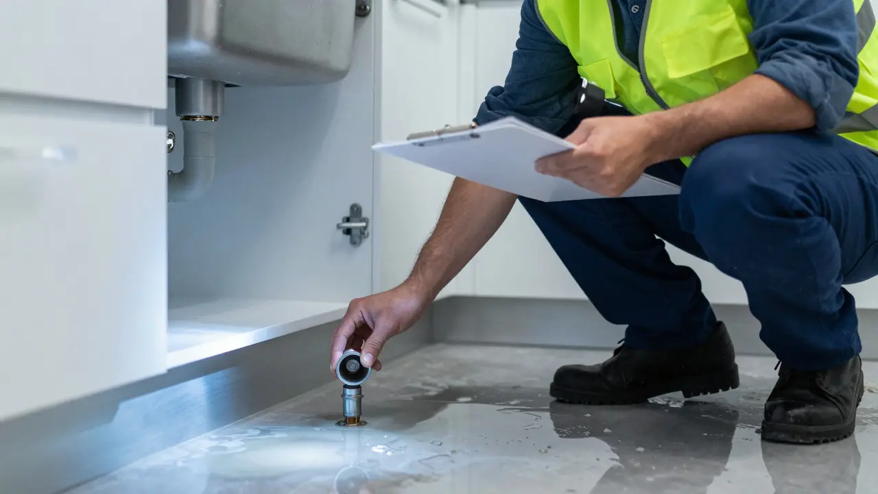 Sachverständiger prüft Wasserschaden an einer geplatzten Rohrleitung