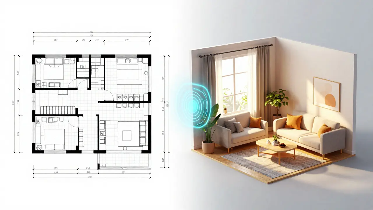 Split-Screen-Vergleich von technischem 2D-Grundriss und emotionalem 3D-Raum