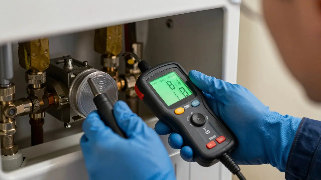 Techniker prüft mit Messgerät die Abgase einer Heizungsanlage