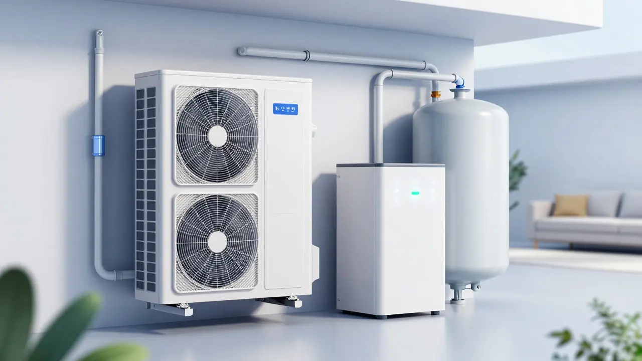 Wärmepumpe und Batteriespeicher in einem modernen Technikraum