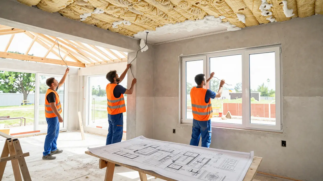 Baustelle während einer Komplettsanierung mit Arbeitern