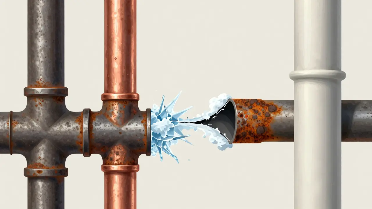 Detailansicht von gefrorenen und rostigen Wasserrohren mit Rissen