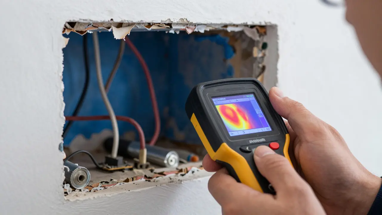 Elektriker prüft überhitzte alte Kabel mit Wärmebildkamera