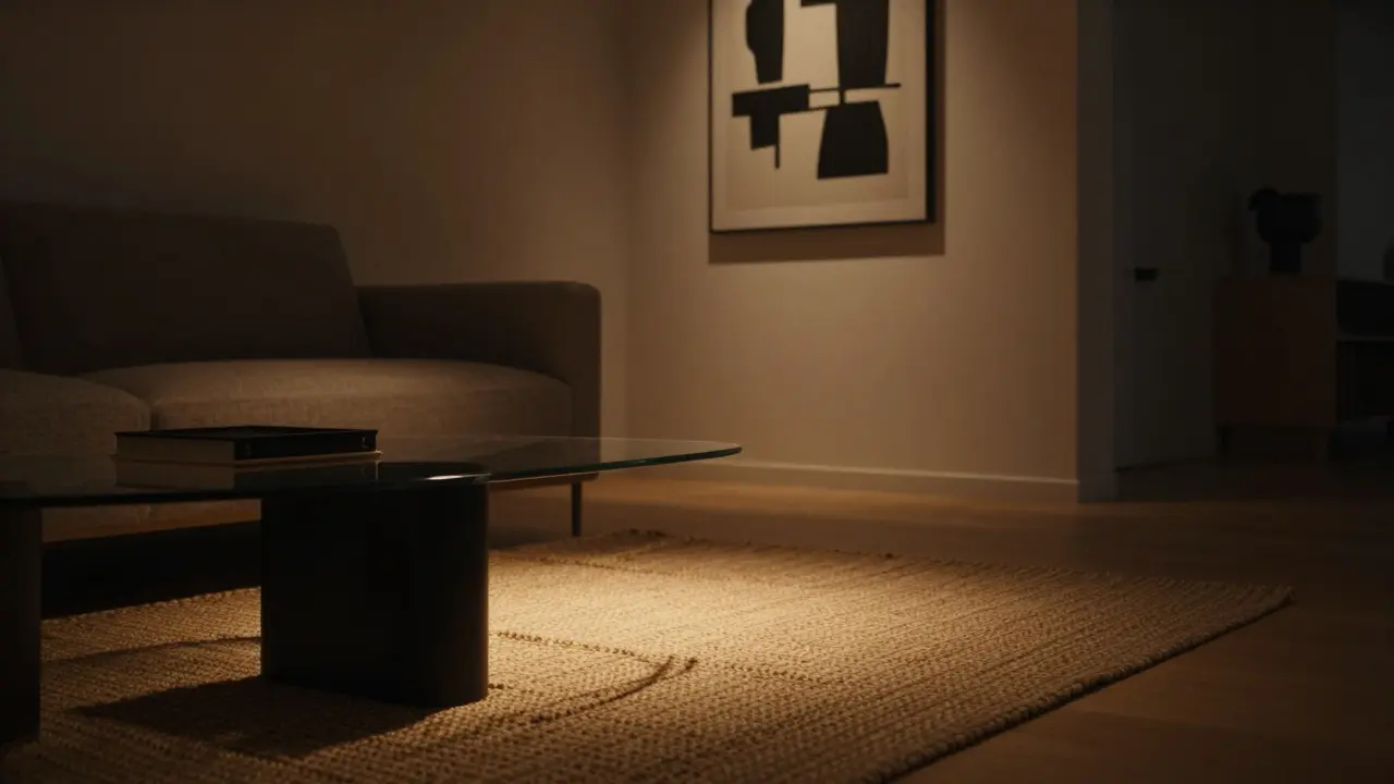 Gemütliches Ambiente durch warmes Licht und textile Akzente im Wohnzimmer