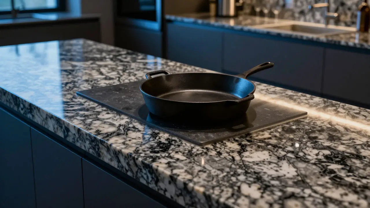 Granitarbeitsplatte mit heißer Pfanne in luxuriöser Küche