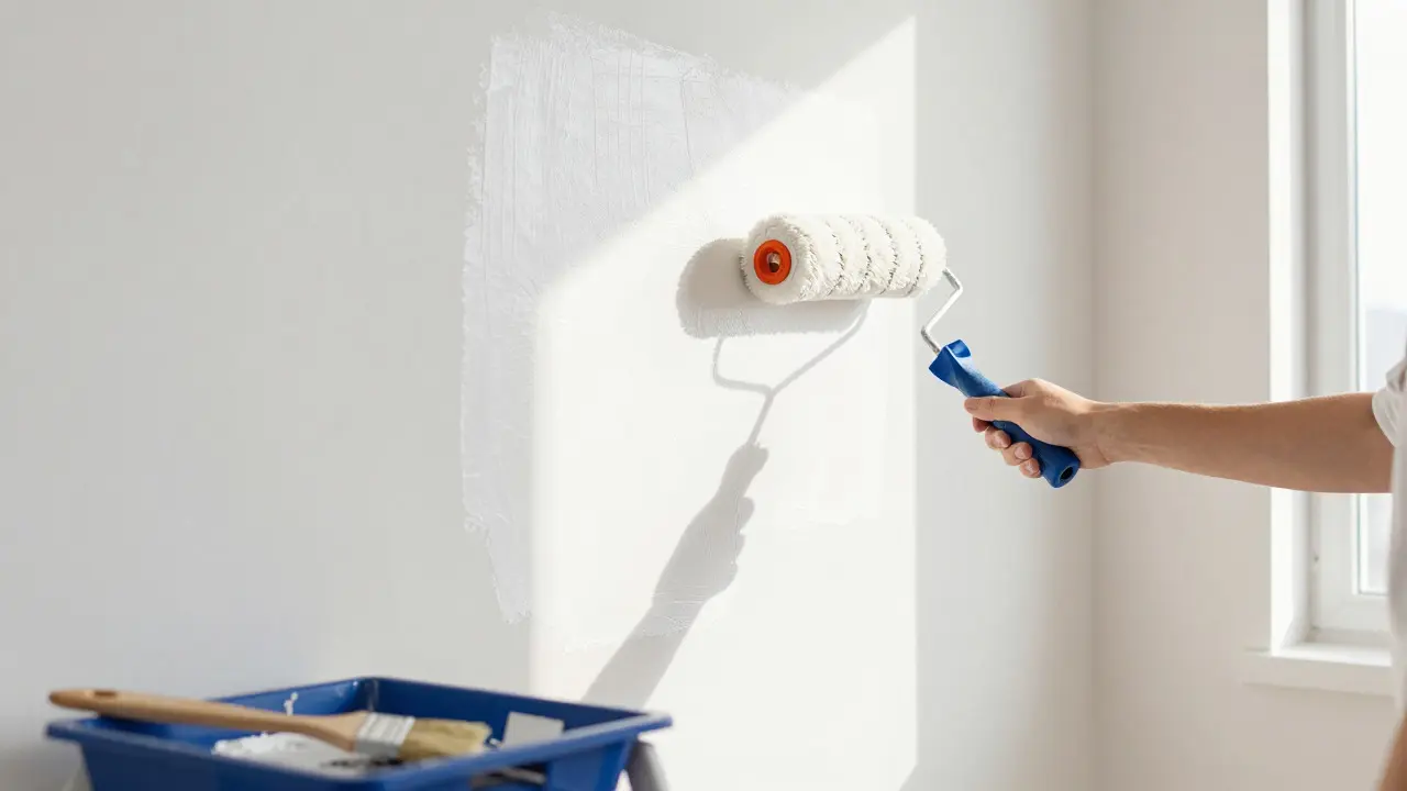 Hand streicht frisch reparierte Wand mit Rolle weiß