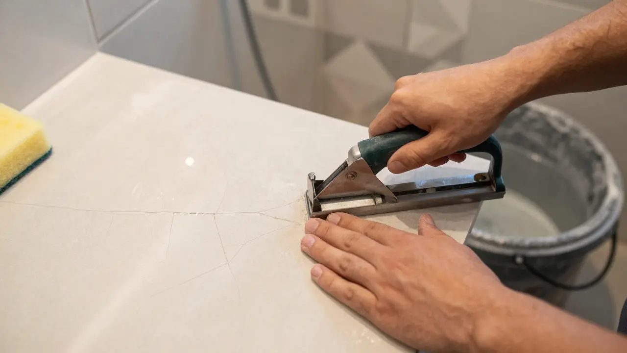 Hände schneiden eine Keramikfliese präzise mit einem Manuellen Schneider