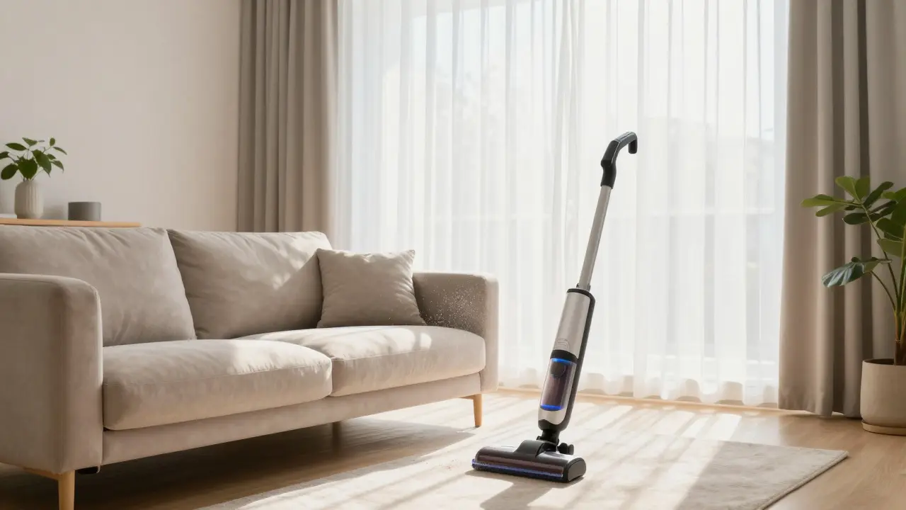 Helles Wohnzimmer mit Sofa vor Sonnenschutz und Staubpartikeln