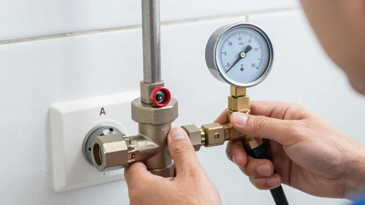 Installateur führt Dichtheitsprüfung mit Manometer am Ventil durch