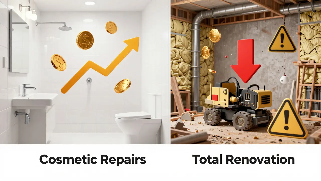 Konzeptionelle Darstellung von ROI: Modernisiertes Bad versus chaotische Vollsanierung