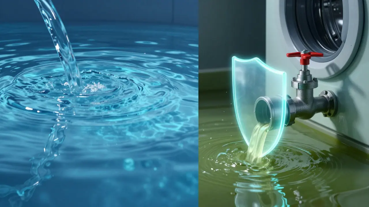 Konzeptionelle Darstellung von saubarem Wasser vs. kontaminiertem Rückfluss