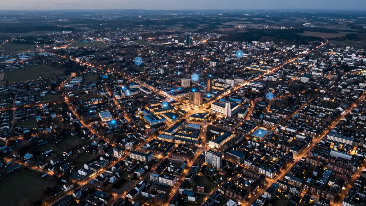 Luftaufnahme der Stadt mit Datenpunkten zu Infrastruktur und Migration