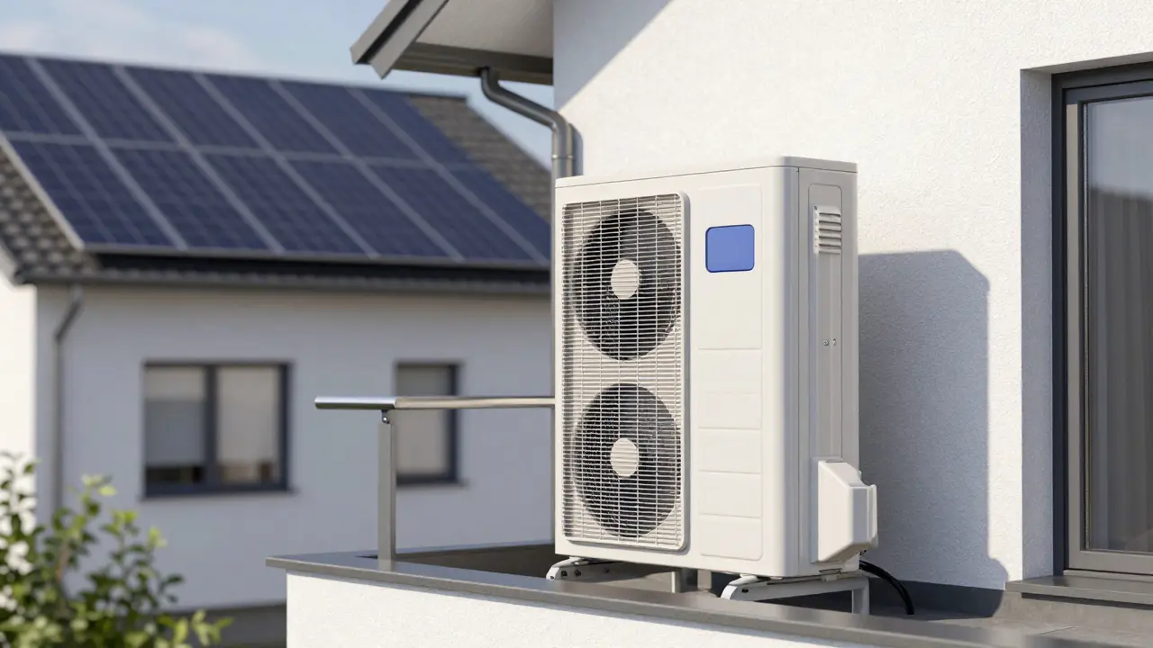 Moderne Wärmepumpe außen am Haus mit Solarpanels auf dem Dach, saubere Energie