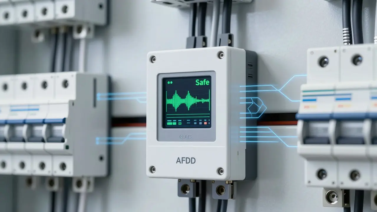 Moderner Brandschutzschalter (AFDD) in einem Elektroschrank überwacht die Stromkreise