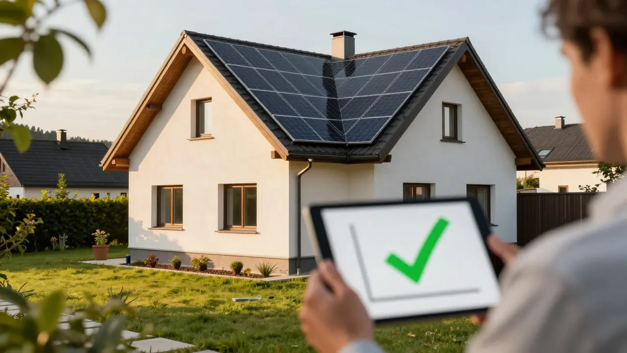 Modernisiertes Haus mit Solarpanels im Sonnenlicht, effizient und nachhaltig