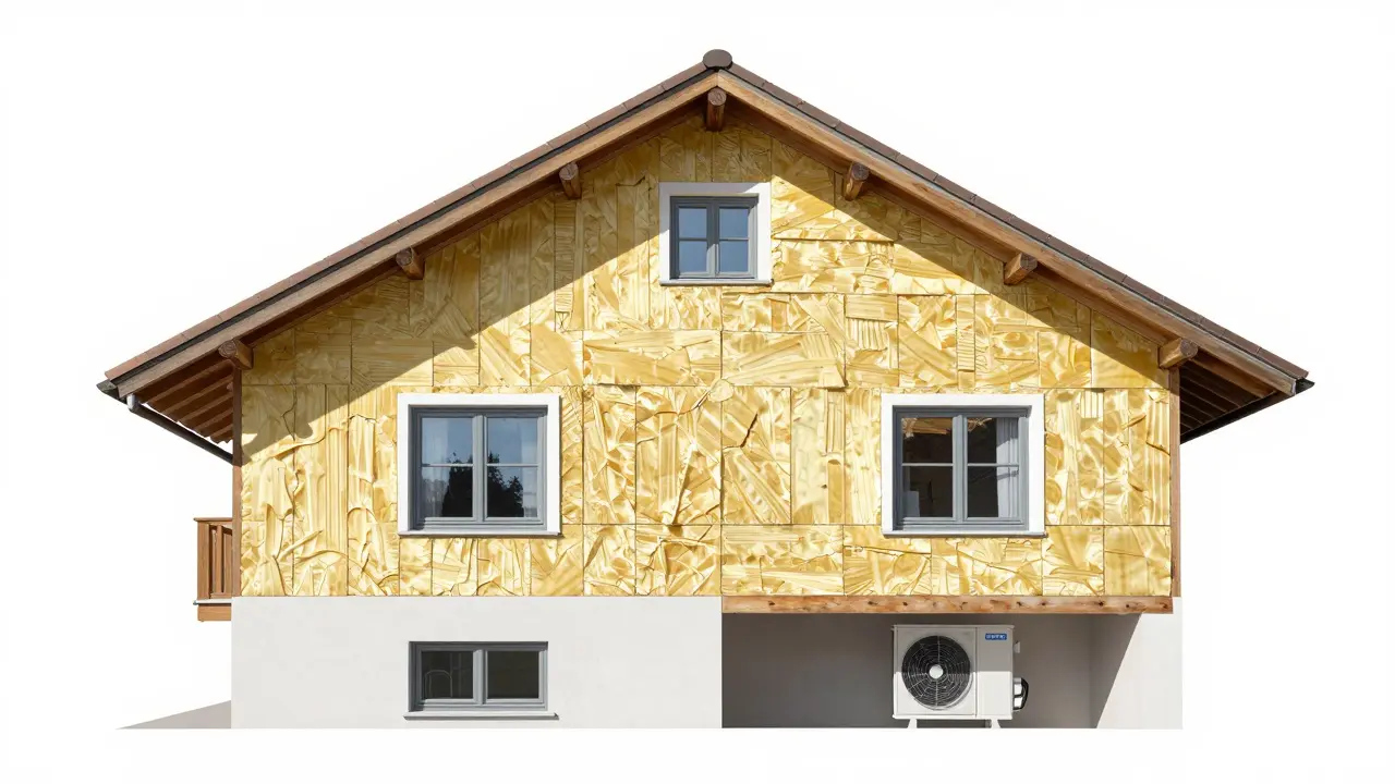 Querschnitt eines Hauses mit Dämmung, neuen Fenstern und Wärmepumpe