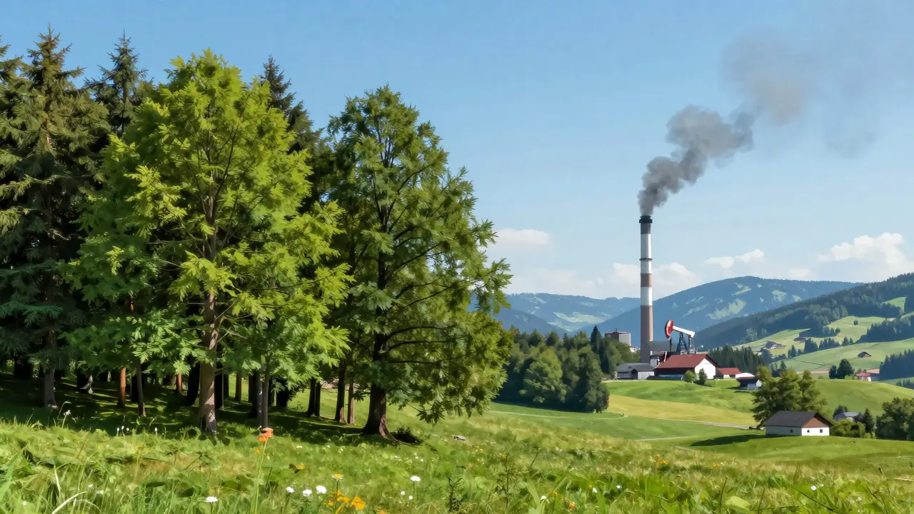 Symbolischer Vergleich: Grüne Natur für erneuerbare Energien versus Rauch aus fossilen Brennstoffen