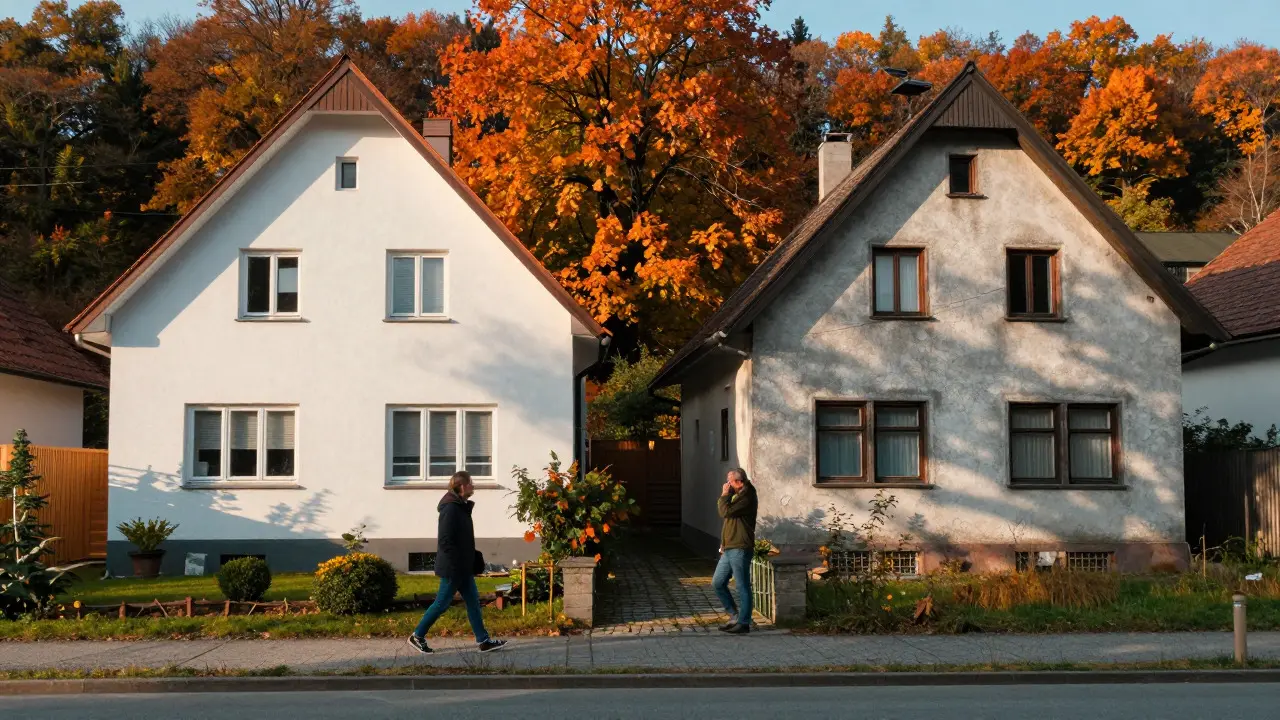Zwei Häuser nebeneinander: eines frisch renoviert, das andere sanierungsbedürftig im Herbstlicht