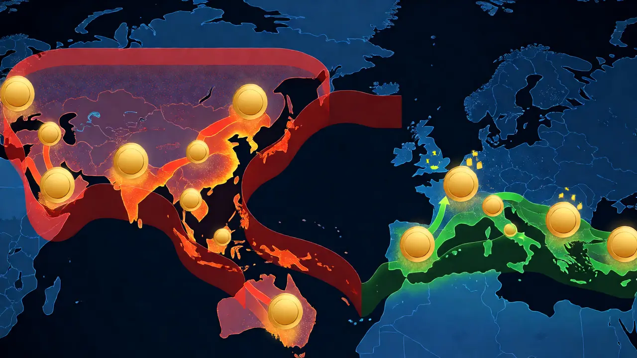 Abstract map showing capital flows blocked by regulatory barriers.