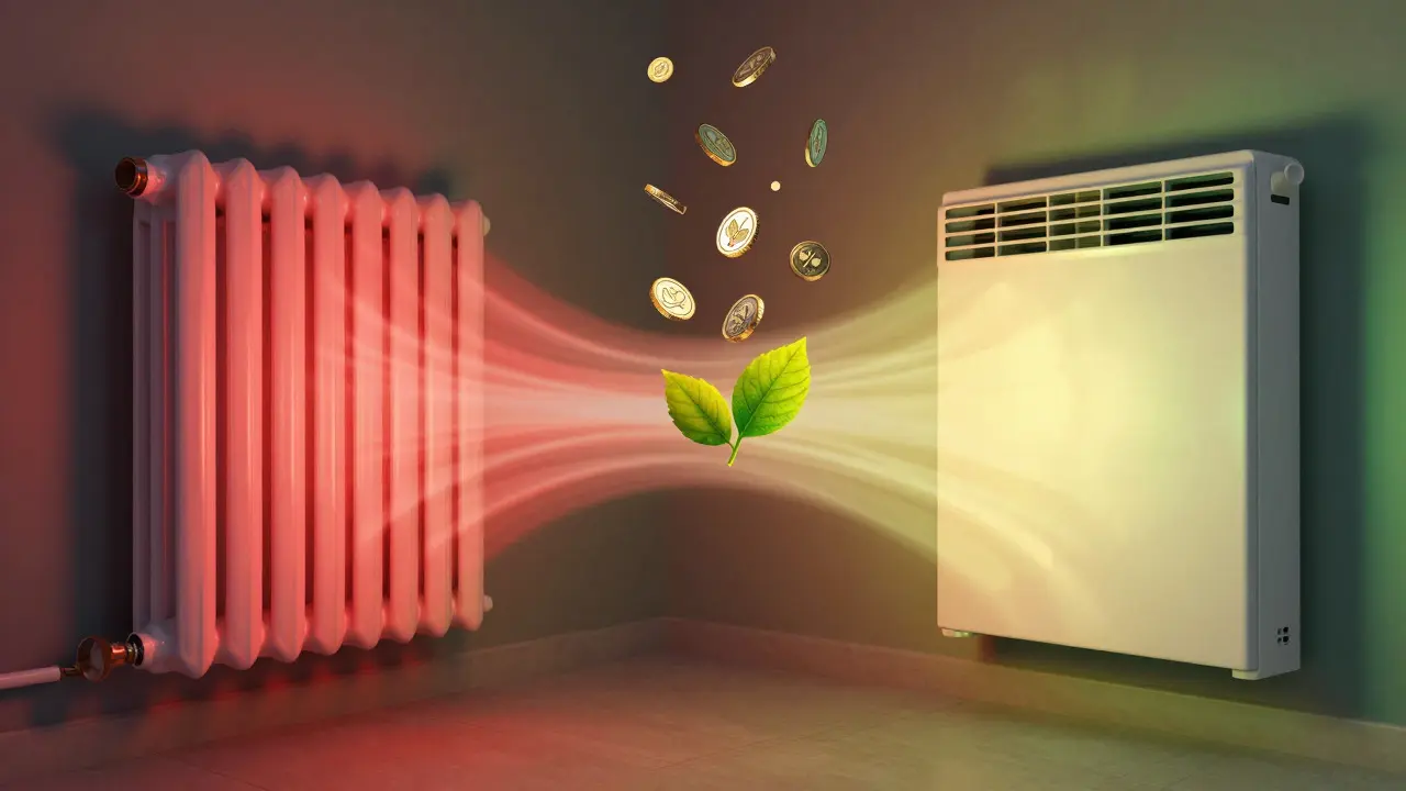 Artistic comparison of high-heat old radiators versus efficient modern panels with eco-symbols
