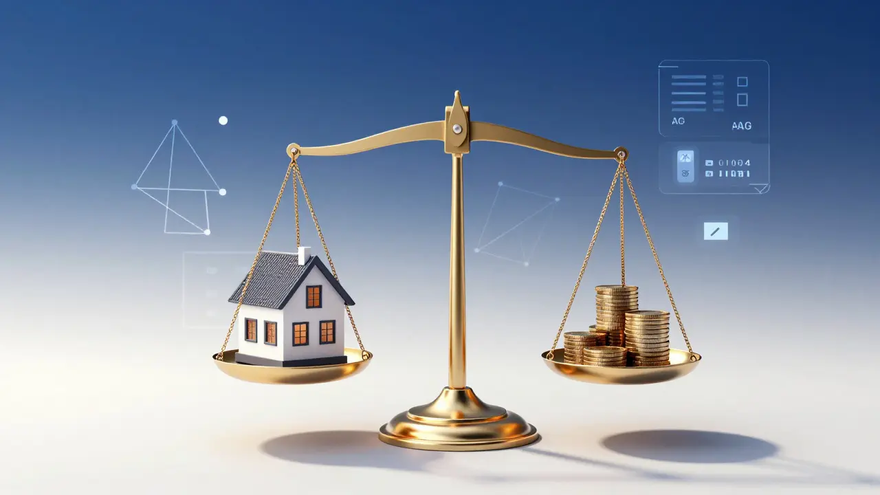 Conceptual balance scale weighing a house model against coins