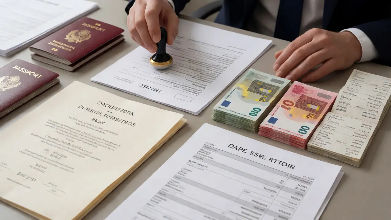 Desk with international real estate documents and currency stacks.