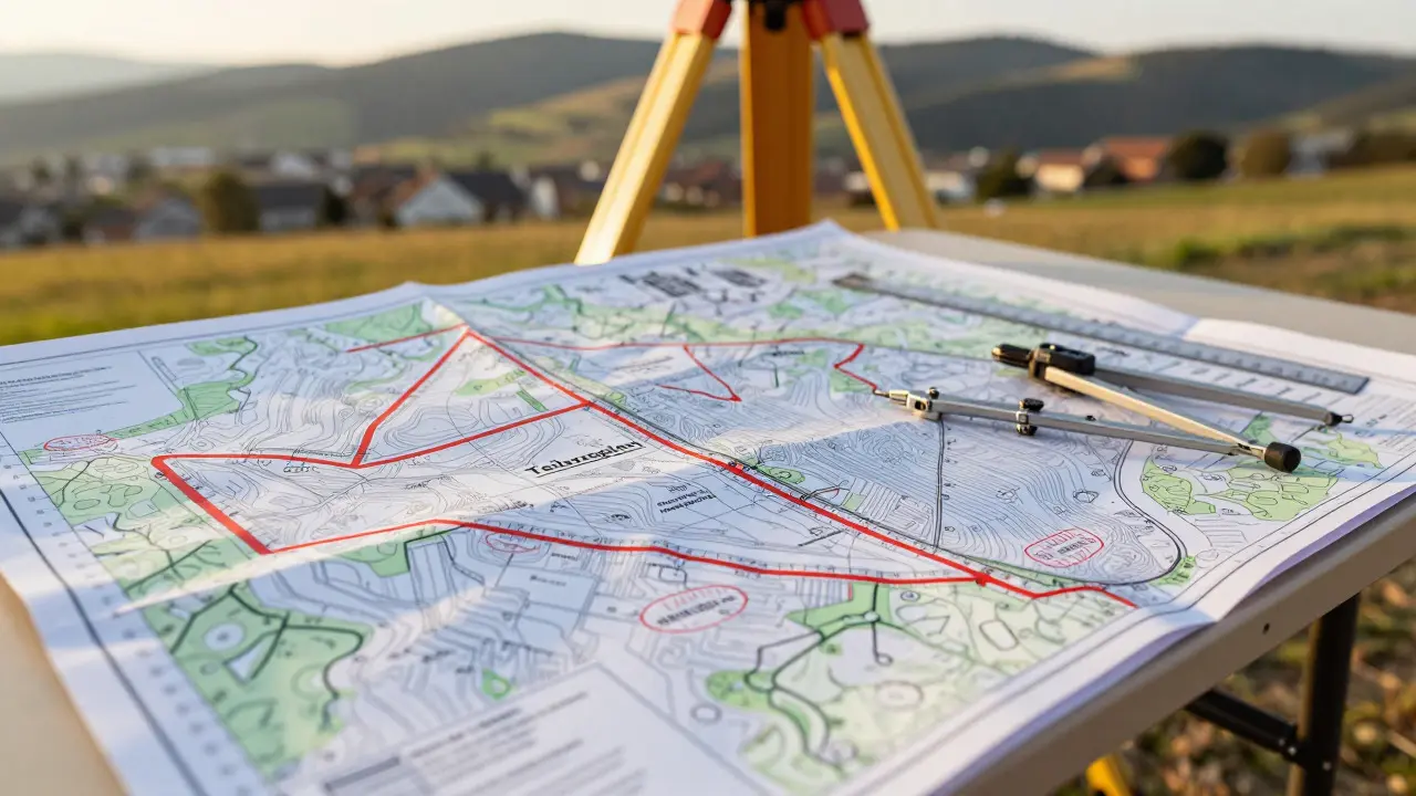 Detailaufnahme einer Landvermessungskarte mit Teilungsplänen und Vermessungswerkzeugen im Freien.