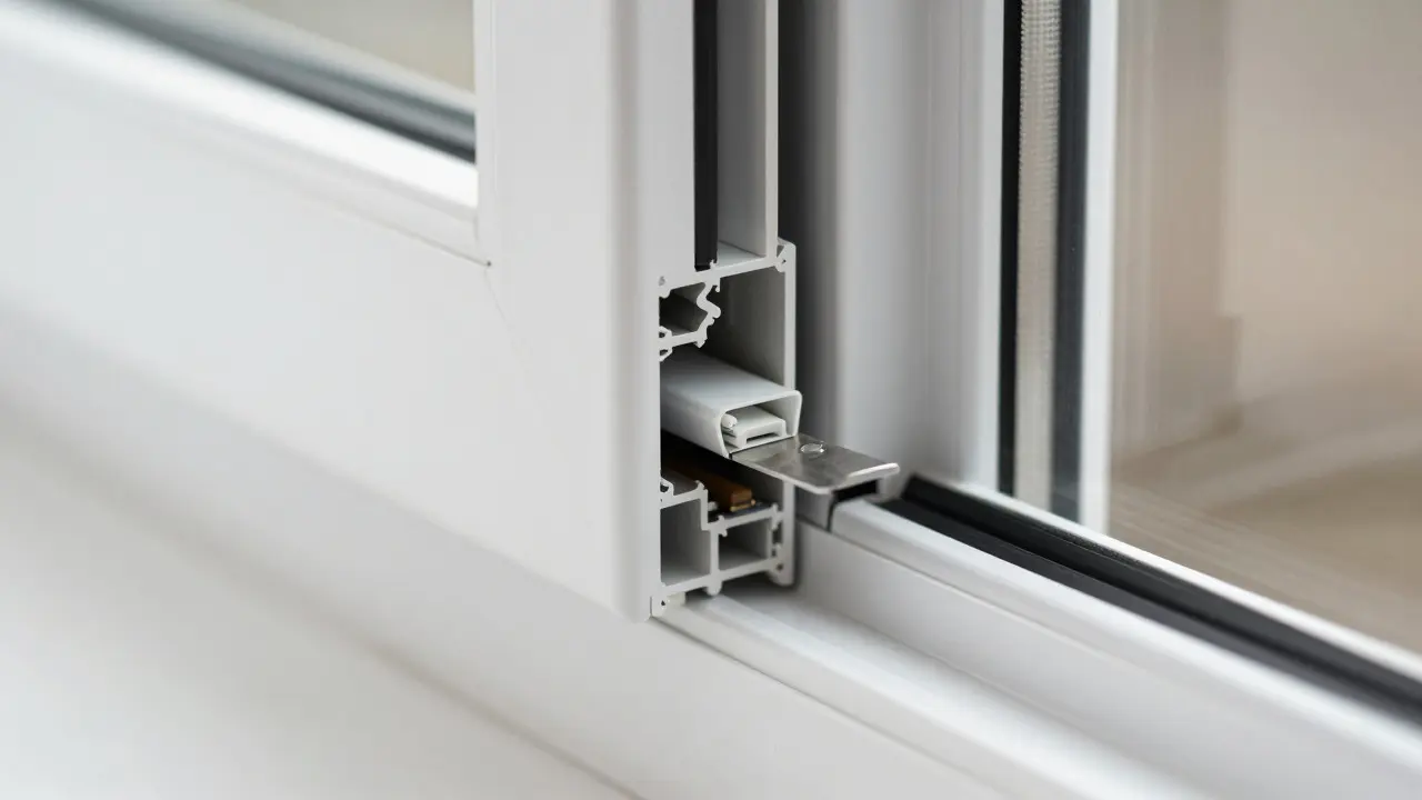 Detailaufnahme eines Fensterfalzlüfters mit justierbarer Blende im Fensterrahmen