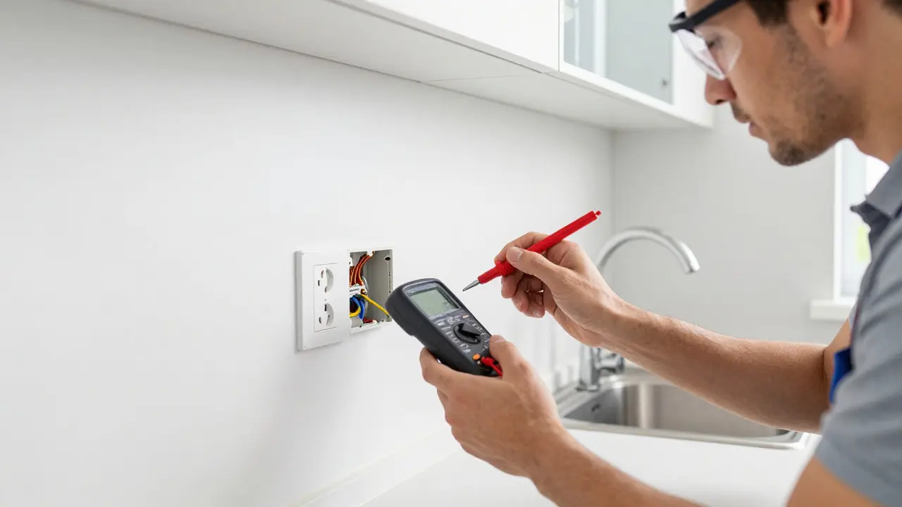 Elektriker prüft eine Steckdose in einer modernen Küche