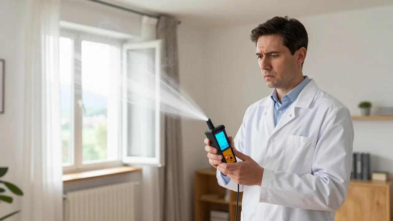 Experte misst Luftqualität mit Detektor bei geöffneter Querlüftung