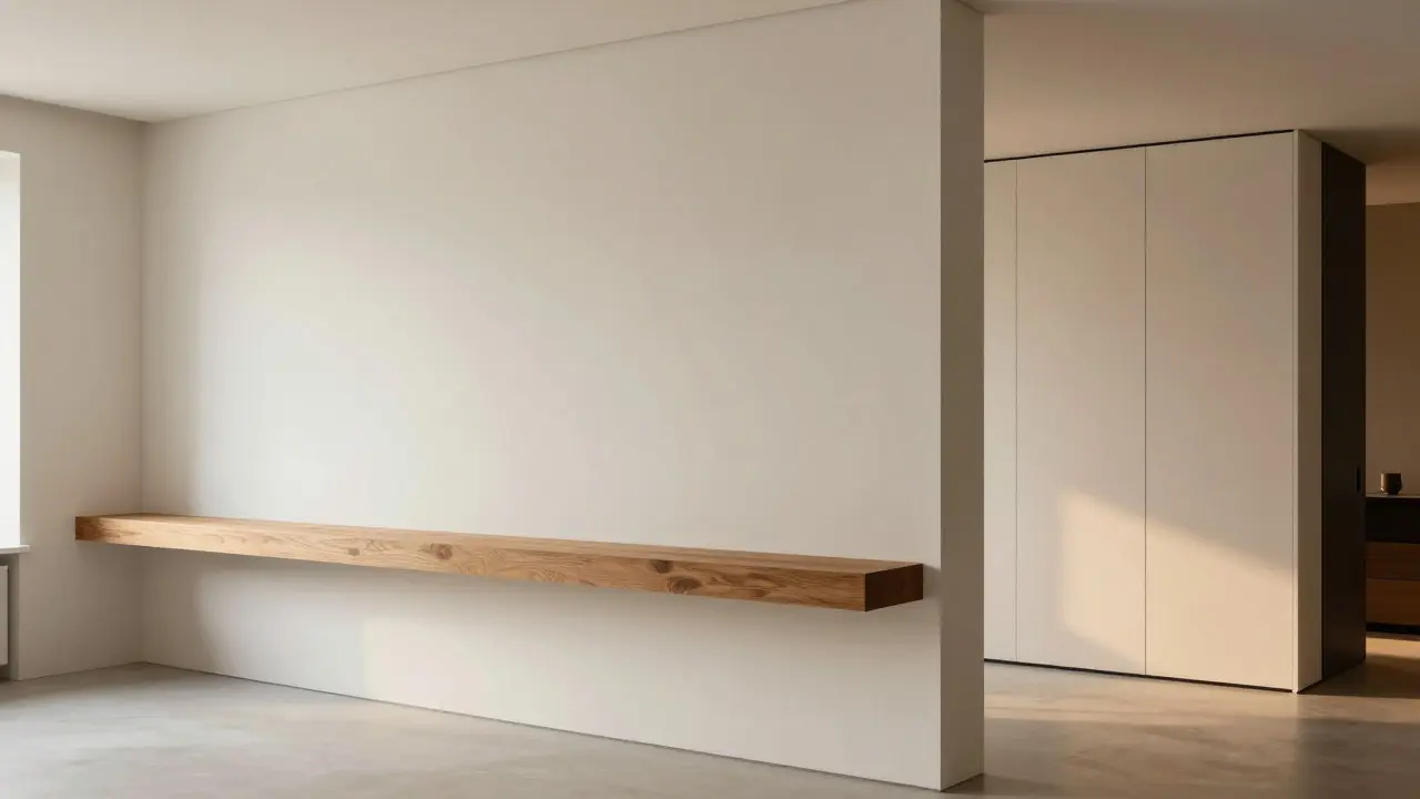 Fertige Gipskartonwand im modernen Wohnraum mit montiertem Regal