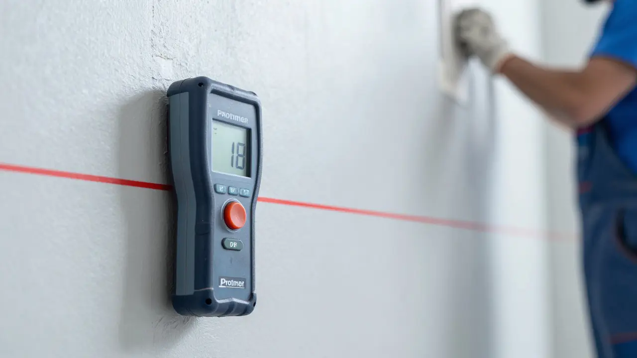Feuchtemessgerät und Laserlevel an einer frisch verputzten Wand