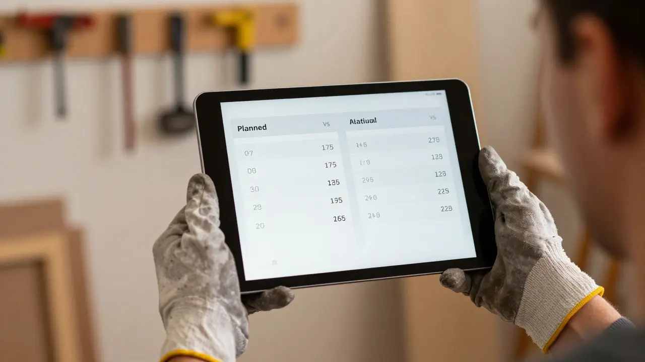 Hände eines Handwerkers halten ein Tablet mit Kostenvergleich vor Werkstatt-Hintergrund
