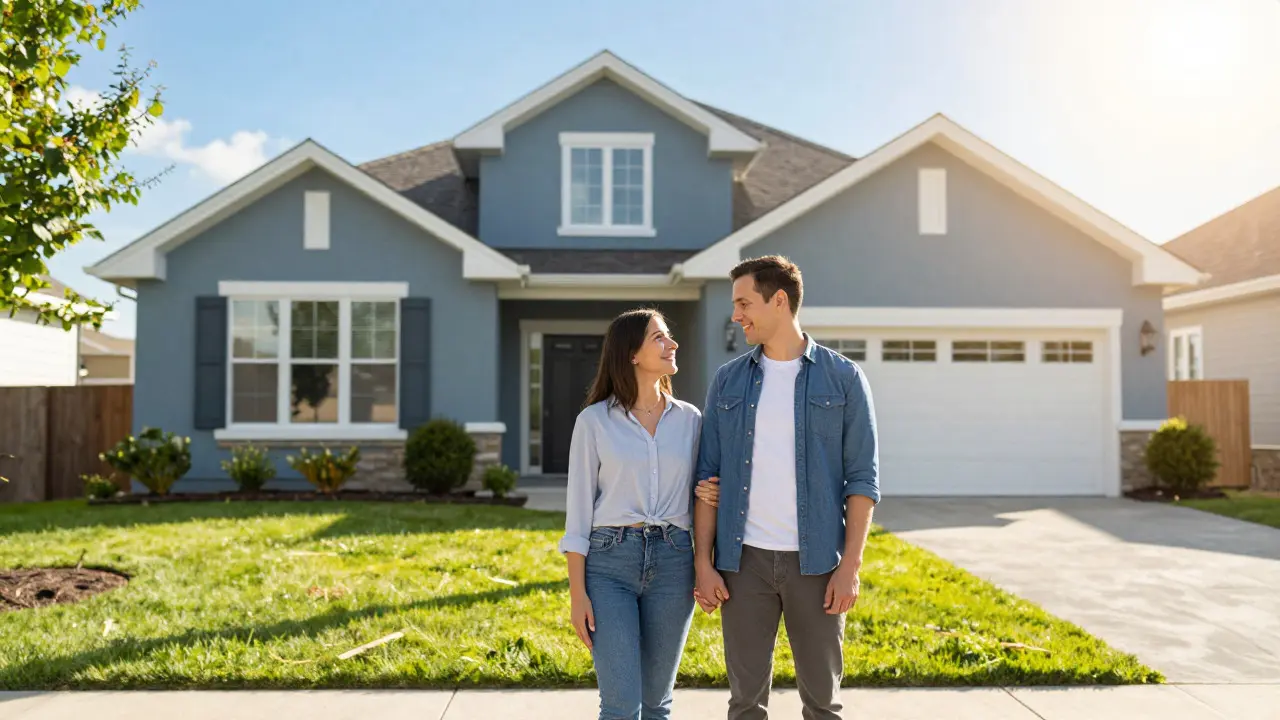 Happy couple standing in front of their newly finished home