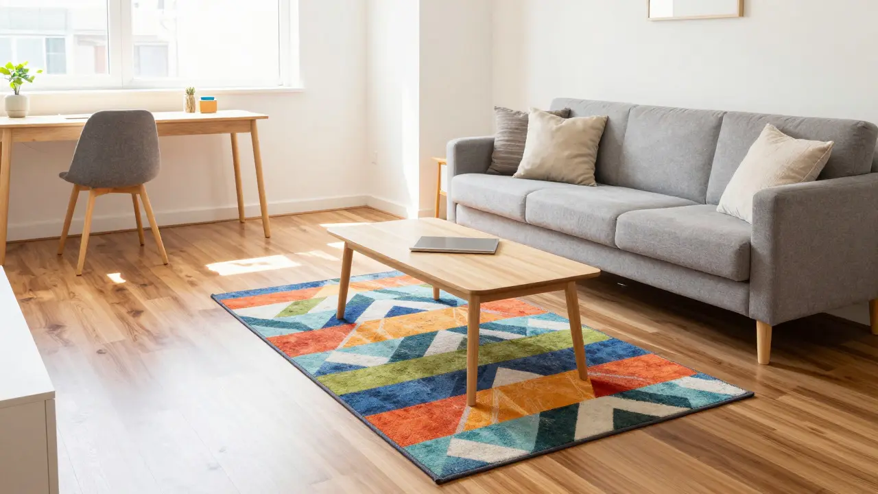 Kleines Wohnzimmer mit Teppich nur unter dem Couchtisch
