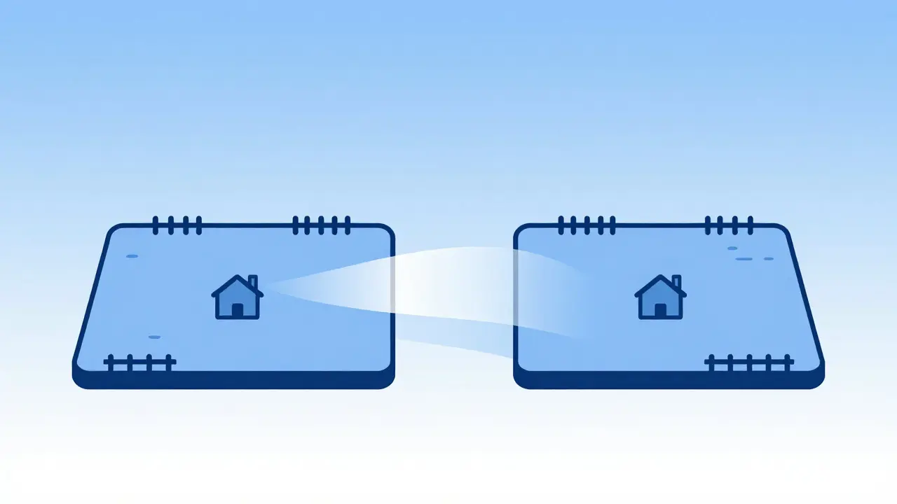 Minimalistische Illustration zweier getrennter Grundstücke, die eine erfolgreiche Erbauseinandersetzung symbolisieren.